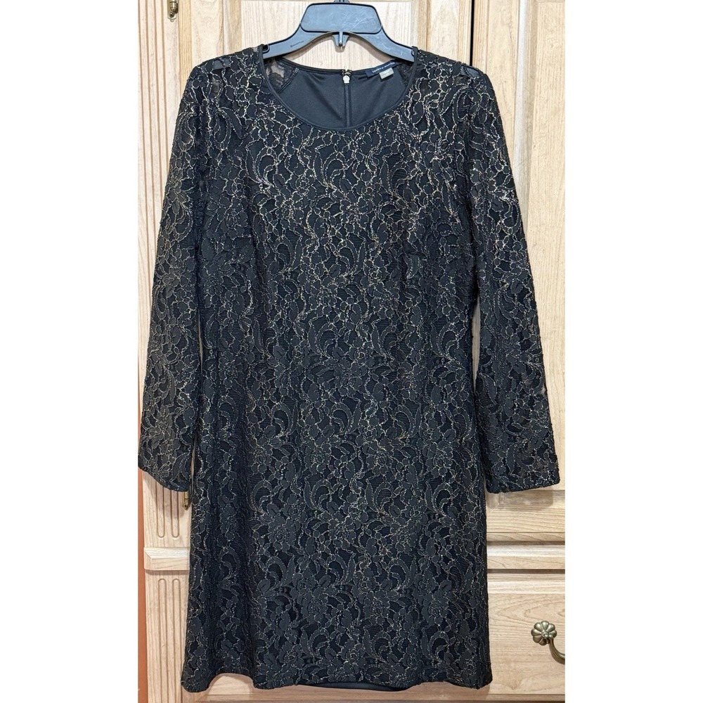 Tommy Hilfiger Black Gold Metallic Lace A-Line Dress Women's Size 12 Long Sleeve